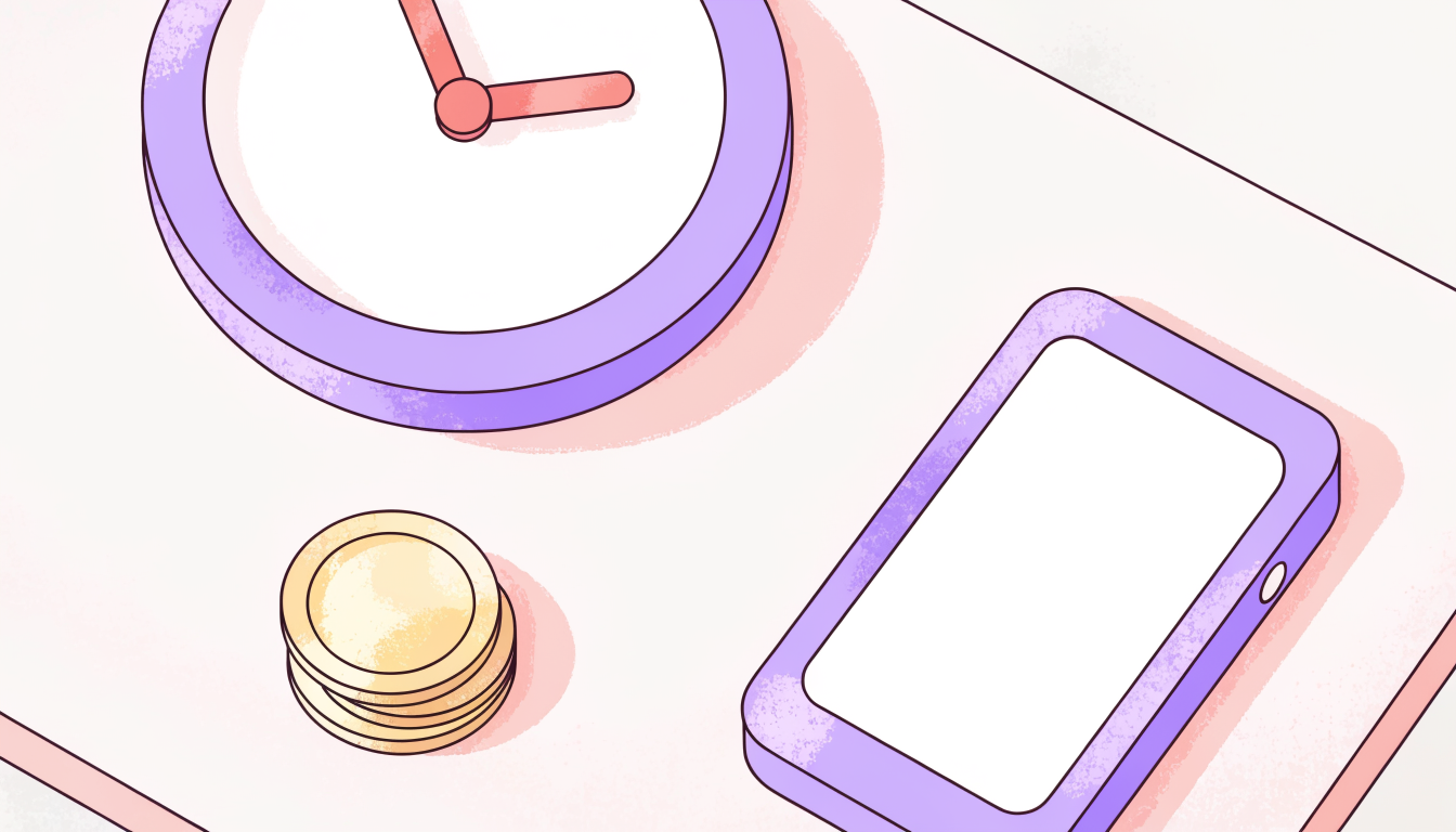 電話占いの1分料金と利用時間の目安を表す時計とコインのイラスト