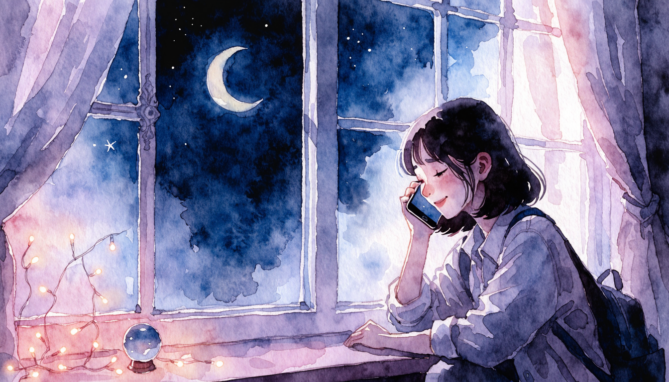 夜に電話占いで相談する女性のイメージ